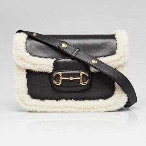 Gucci Black/White Leather/Shearling 1955Horsebit Shoulder Bag
